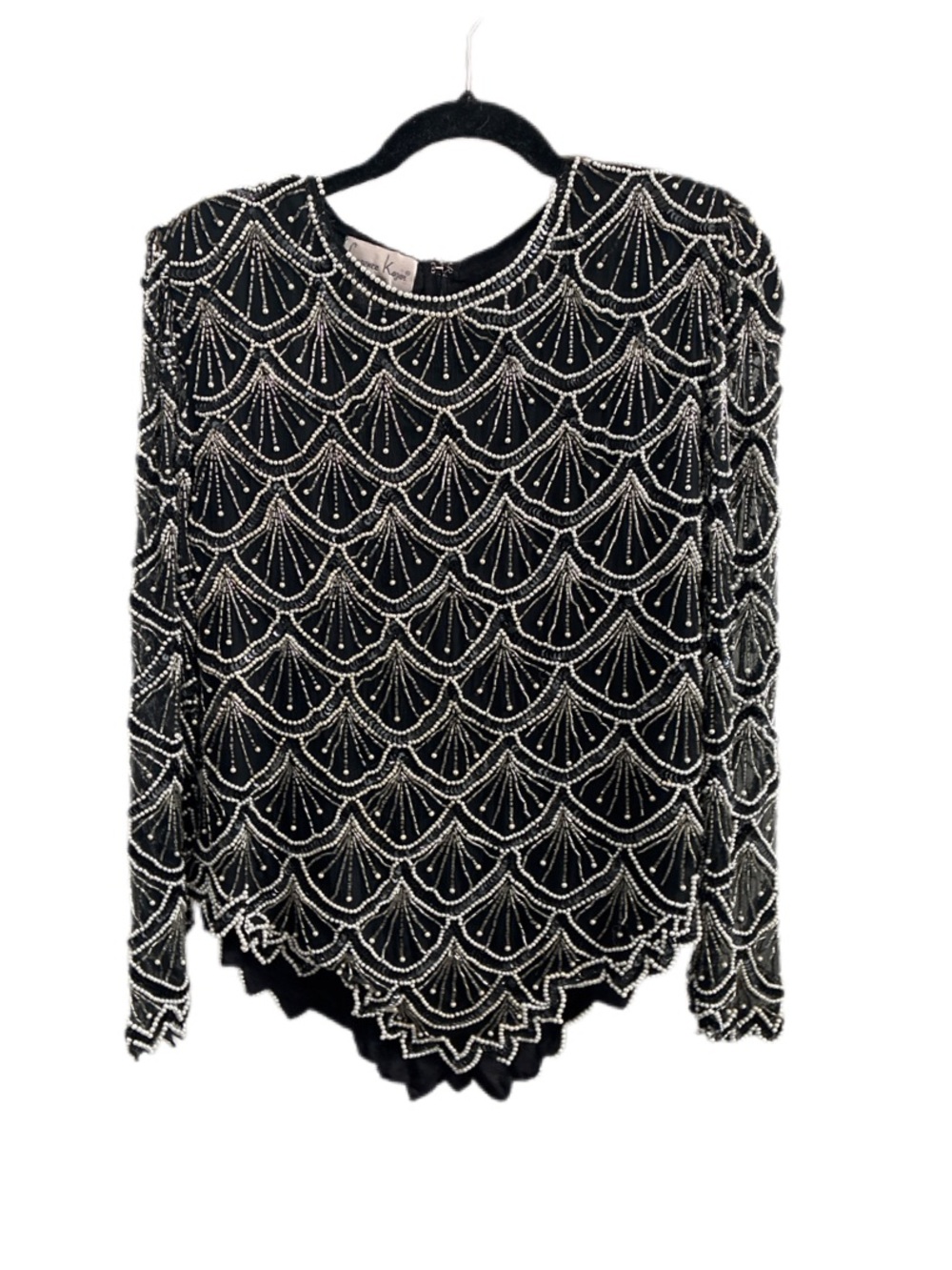 Laurence Kazar Black Long-Sleeve Beaded Scallop Top